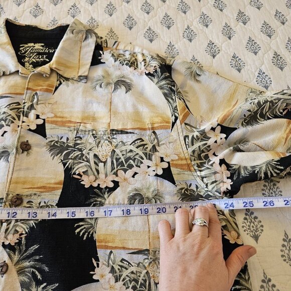Jamaica Jaxx Hawaiian Shirt L 100% Silk Sunset Palm Tree Aloha Camp Button Front - Picture 12 of 13